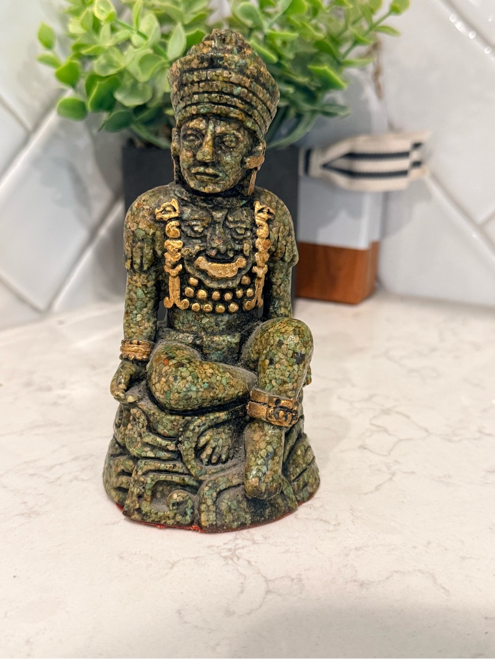 Vintage Mexican Mayan Aztec Figurine Crushed Malachite Stone Resin-Gold Accents